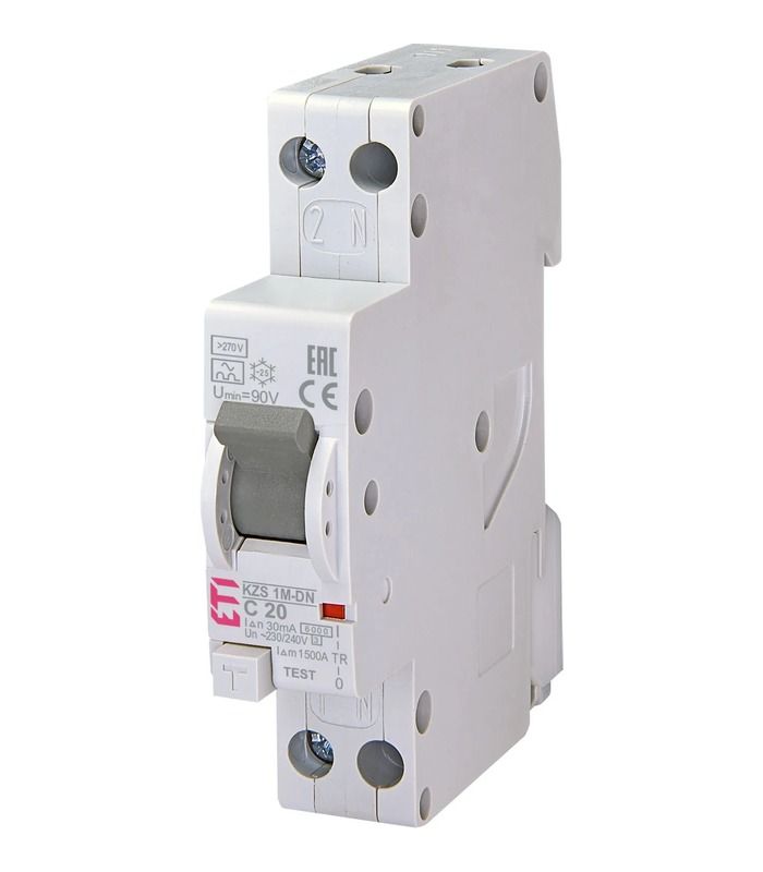 Диф. авт. вимикач KZS-1M-DN 1M C 20/0,03 тип A (6kA, з захист. від підвищеної напруги)
