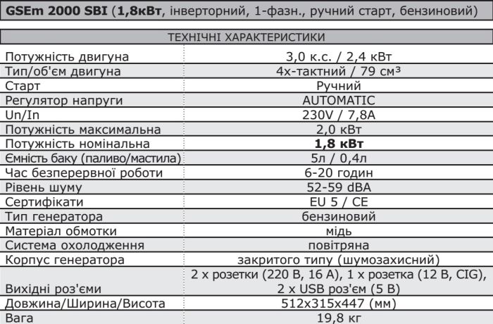 Генератор GSEm 2000 SBI (1,8кВт, інверторний, 1-фазн., ручний старт, бензиновий)