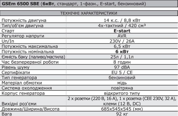 генератор GSEm 6500 SBE (6кВт, стандарт, 1-фазн., E-start, бензиновий)